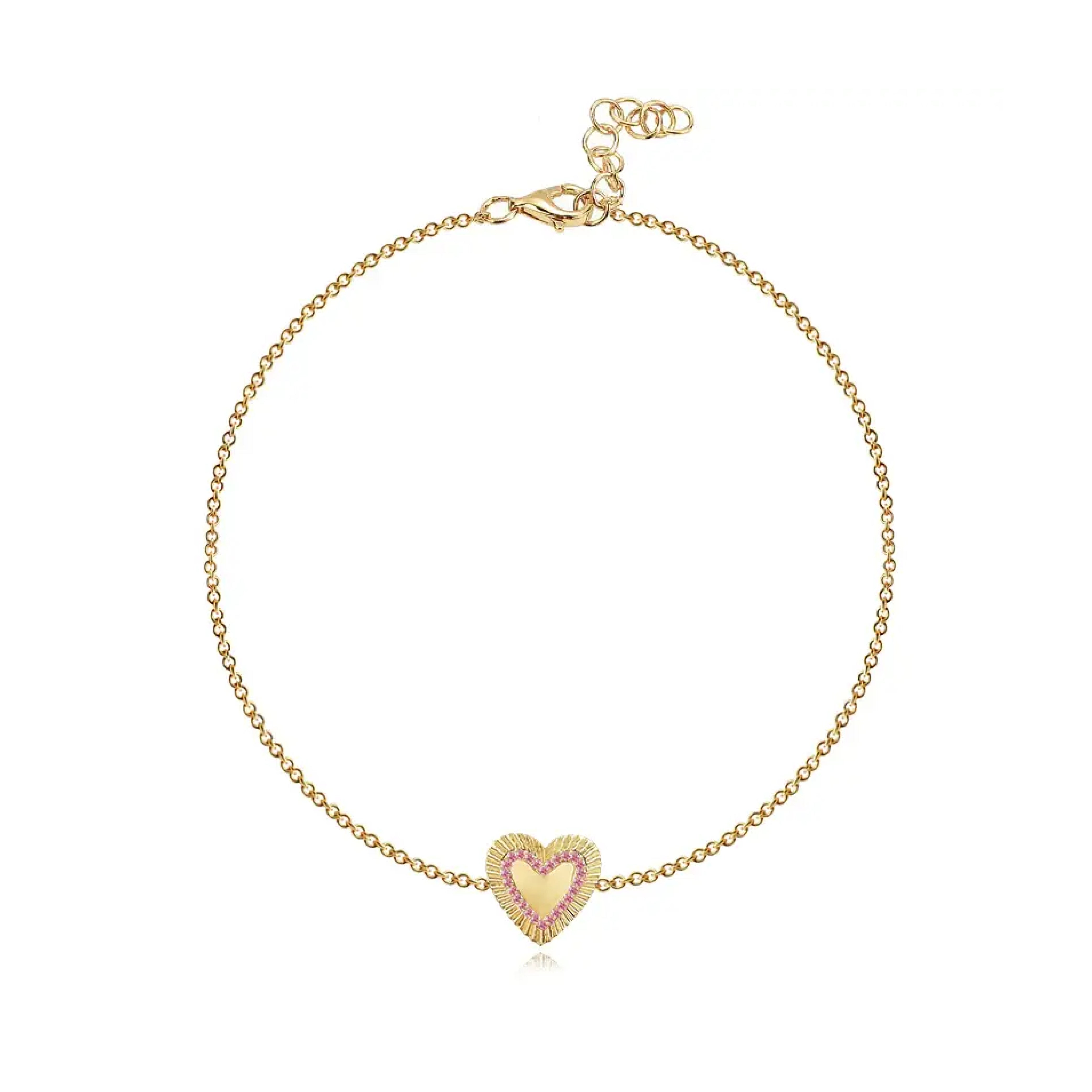 Fluted Outline Diamond or Pink Sapphire Heart Bracelet