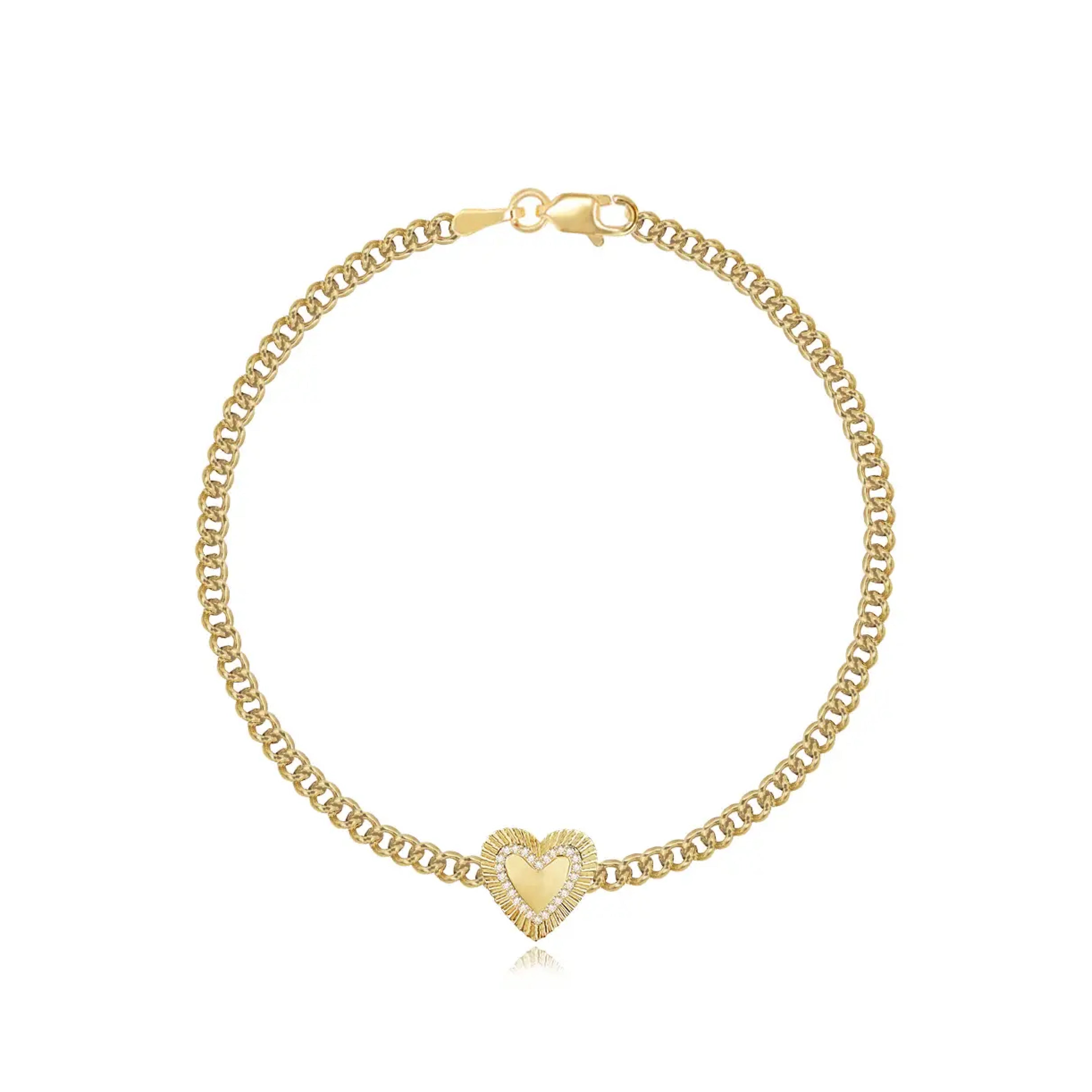 Fluted Pave Outline Heart Cuban Bracelet