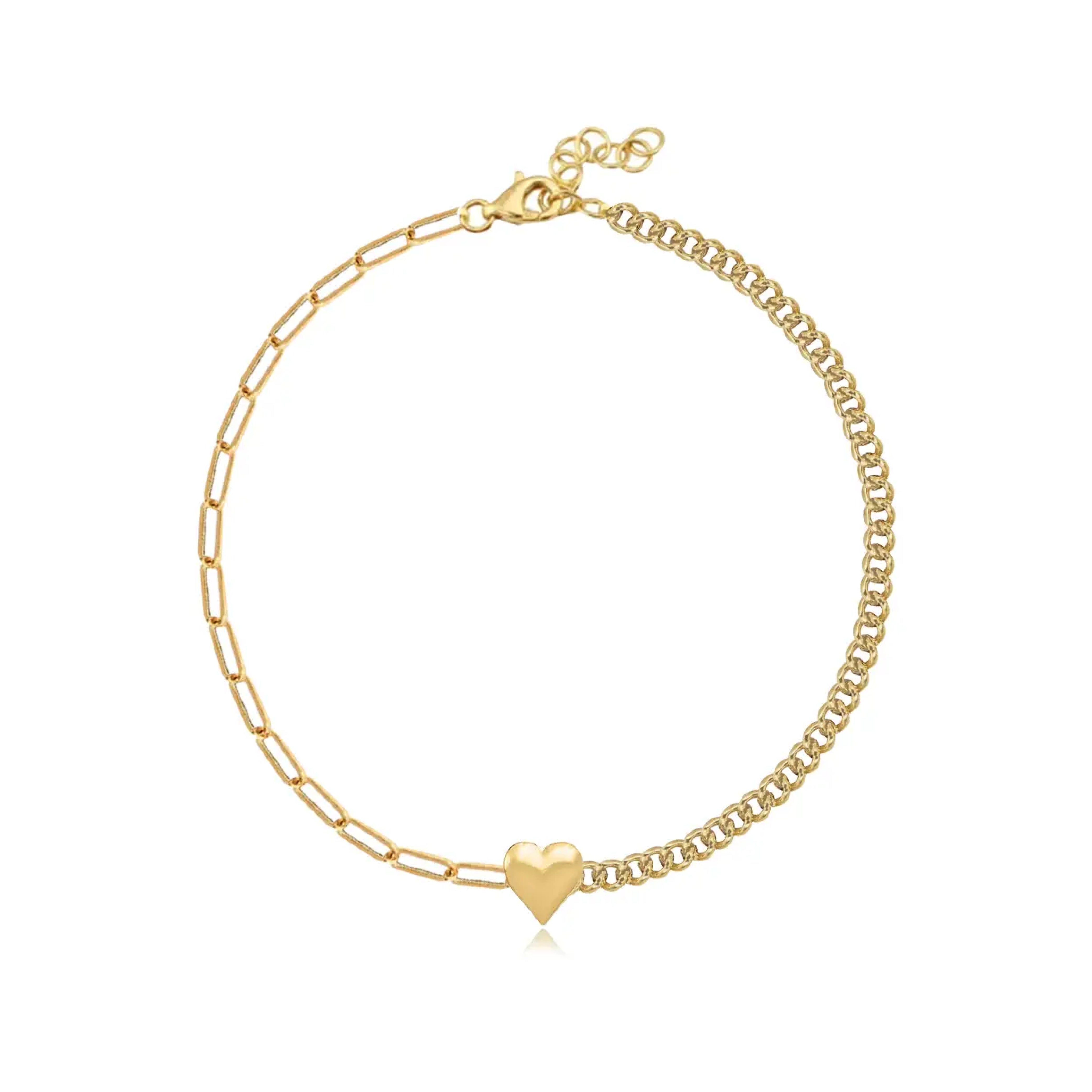 Puffy Gold Heart Half Cuban & Paperclip Bracelet