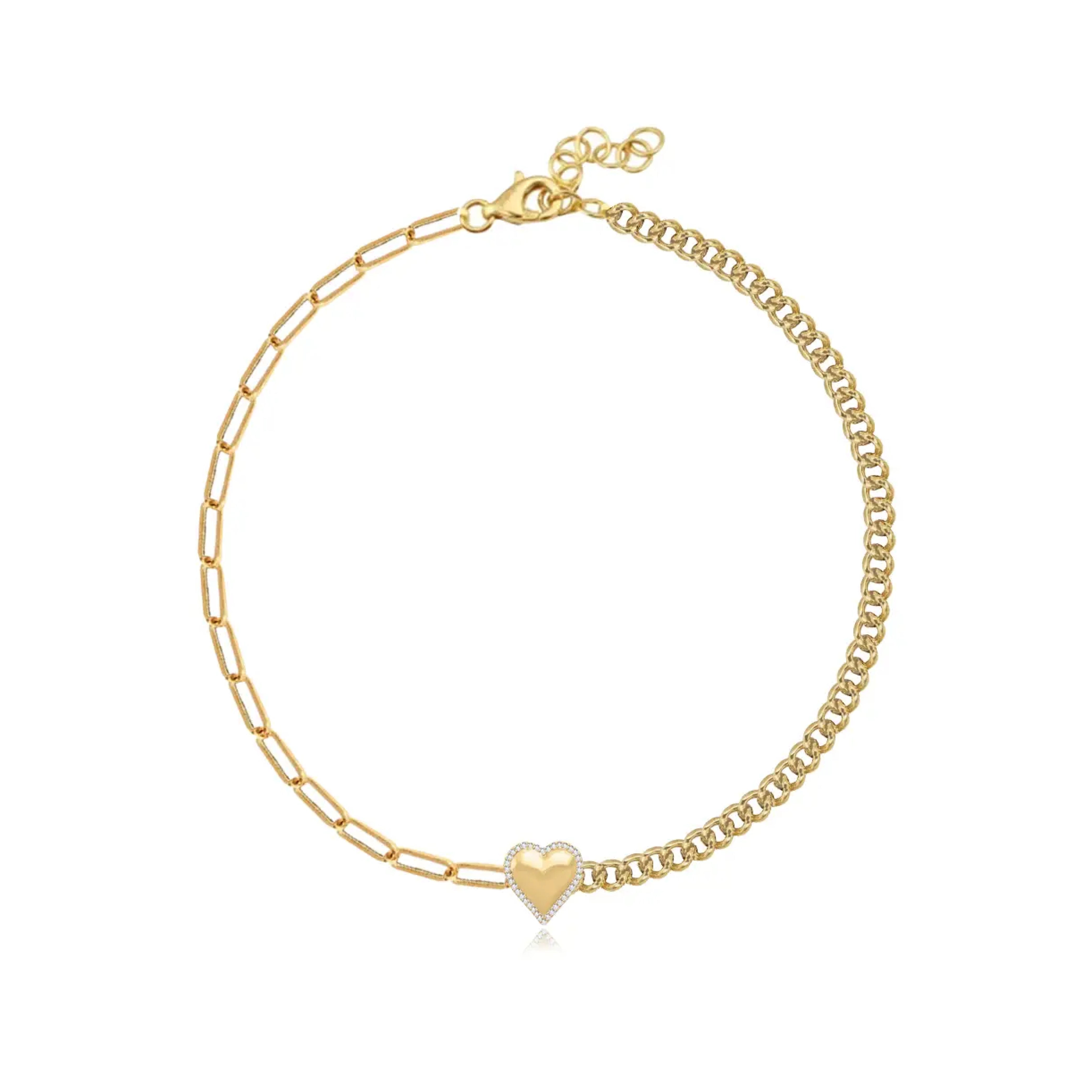 Puffy Gold Heart Diamond Half Cuban & Paperclip Bracelet